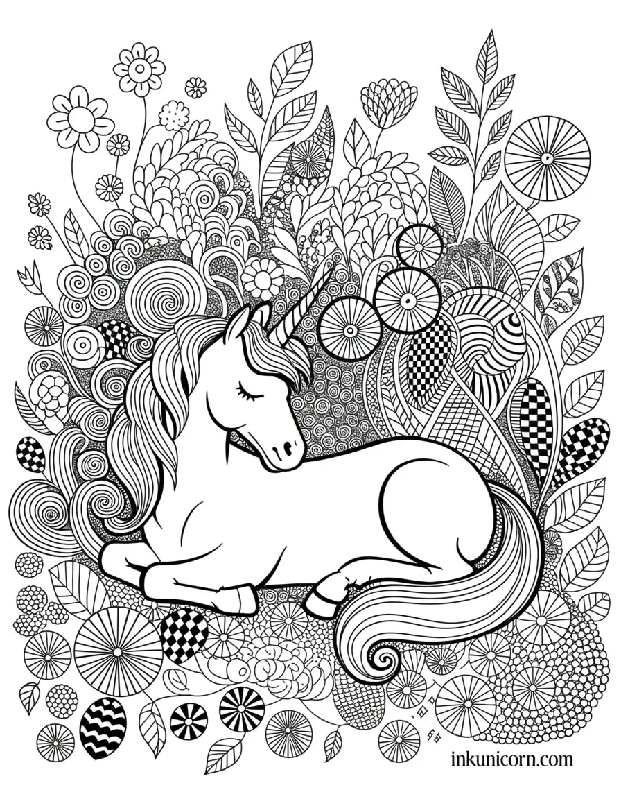 Unicorn Sleeping In Zentangle Garden
