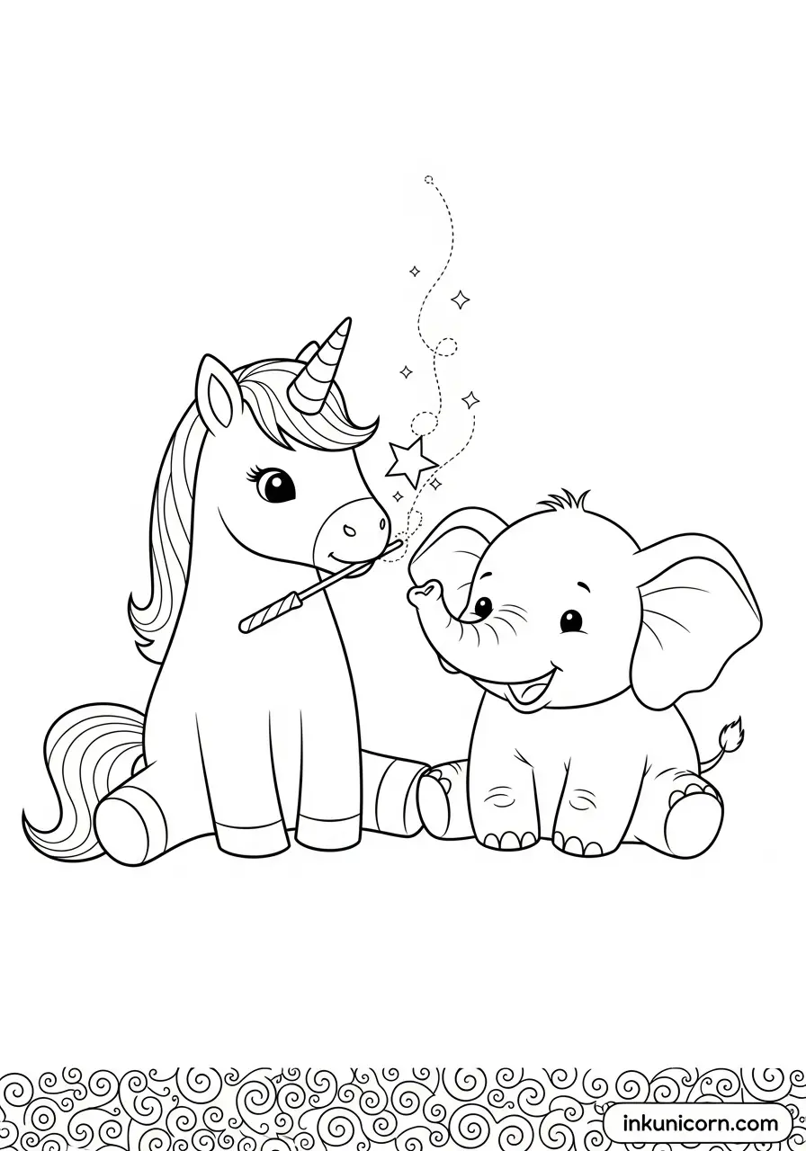 Unicorn With Magic Wand And Baby Elephant