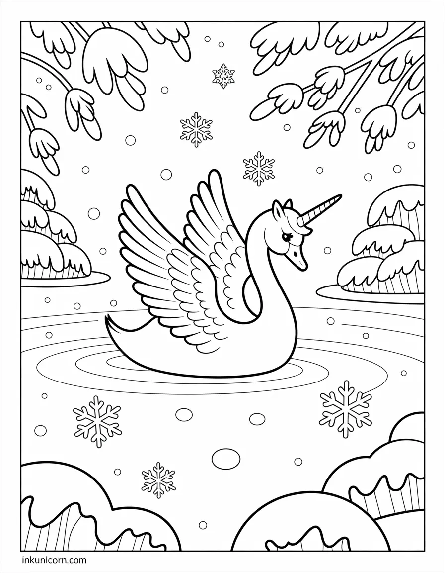 Winter Swan Unicorn with Snowflakes