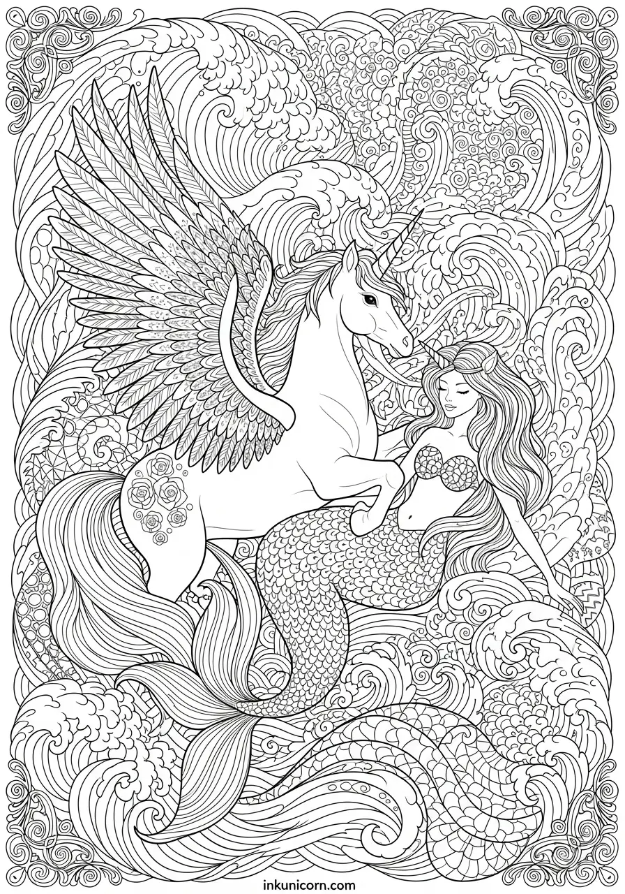 Zentangle Pegasus Unicorn and Mermaid